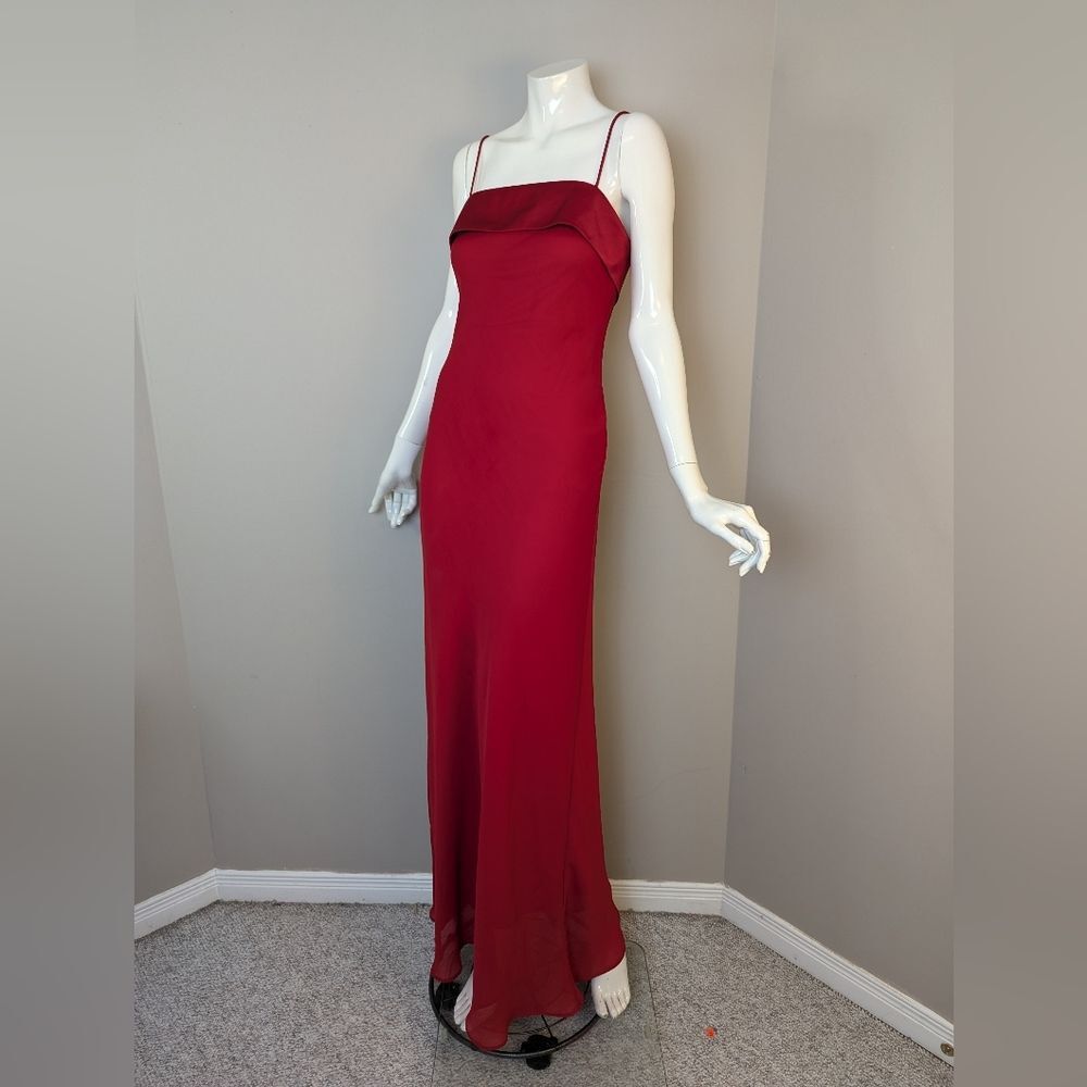 Vintage 90s Red Bias Cut Slip Dress by Jump Satin Sheer Overlay Spaghetti Strap